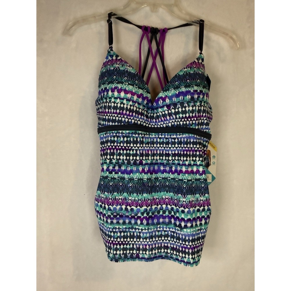 Free Country Tankini Swim Top Medium Jade Lagoon Slate Strappy Back NWT